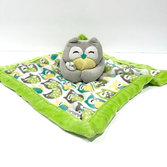 Carter’s Plush Grey Owl Green Blue Yellow Pattern Lovey Security Blanket - Picture 1 of 5